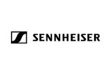 Logo der Firma Sennheiser als Schriftzug mit schwarzen Symbol
