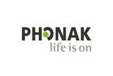 Logo der Firma Phonak als Schriftzug mit dem Text "Life is on" darunter